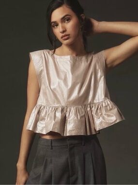 Anthropologie Metallic Rose Peplum Top